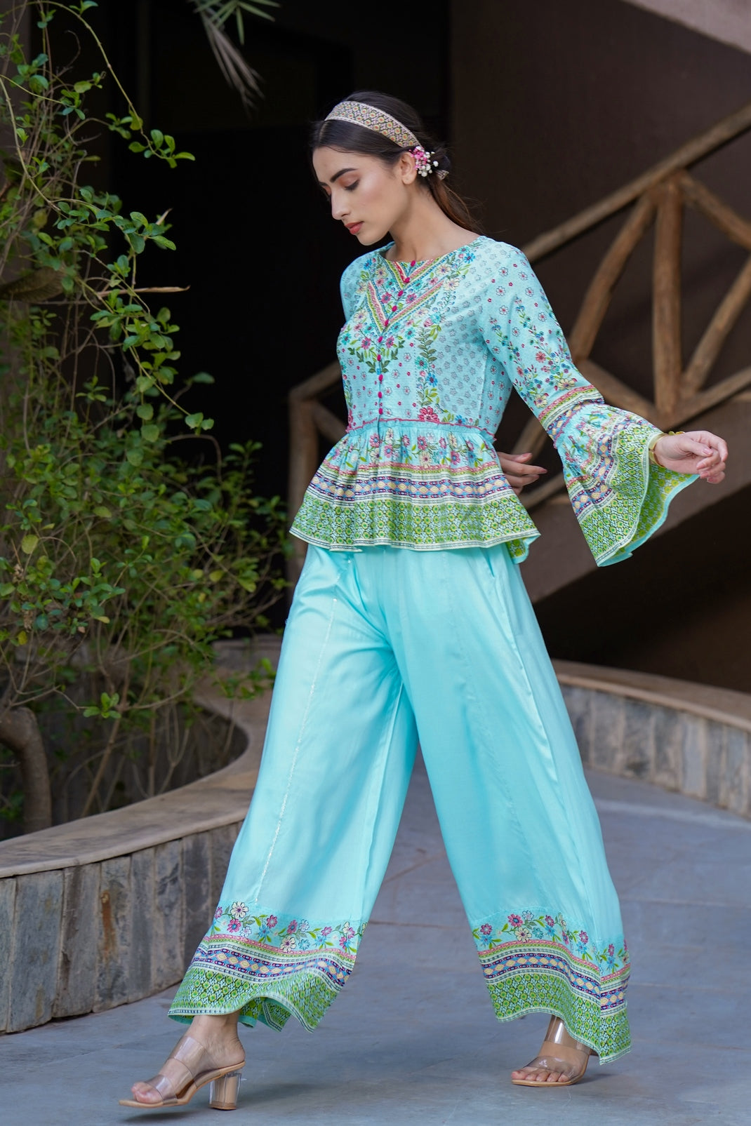 Skyblue Rayon Printed Peplum Top Palazzo Set