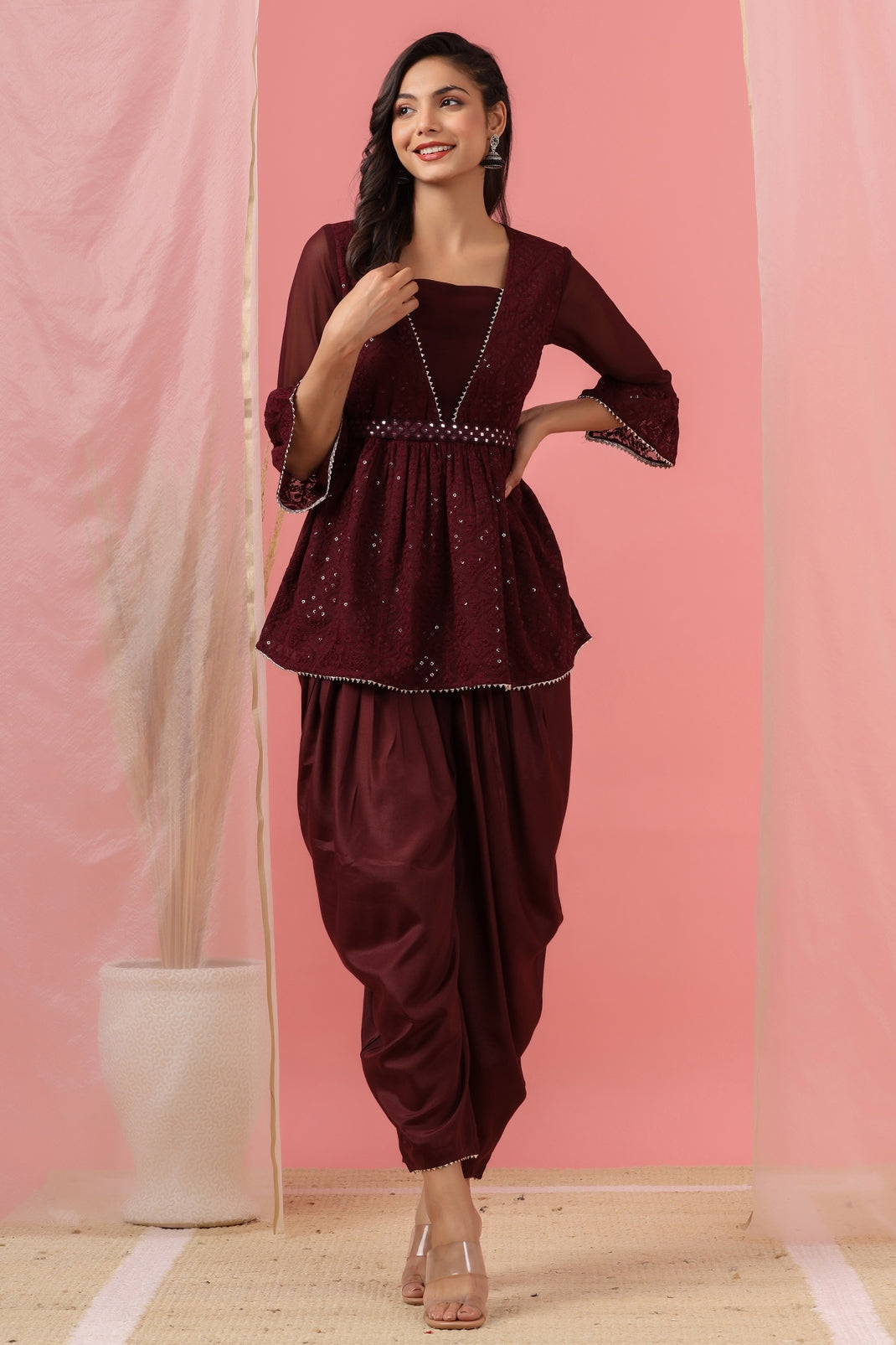Women`s Burgundy Georgette Embroidered Flared Clothing Set