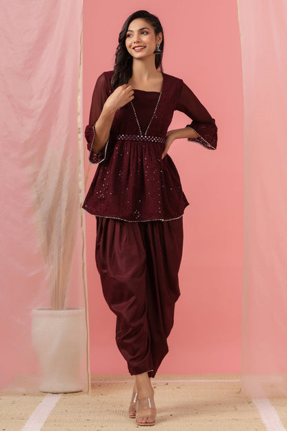 Women`s Burgundy Georgette Embroidered Flared Clothing Set