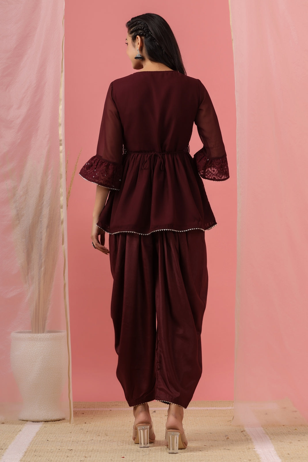 Women`s Burgundy Georgette Embroidered Flared Clothing Set