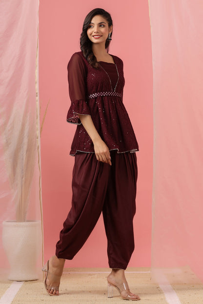 Women`s Burgundy Georgette Embroidered Flared Clothing Set