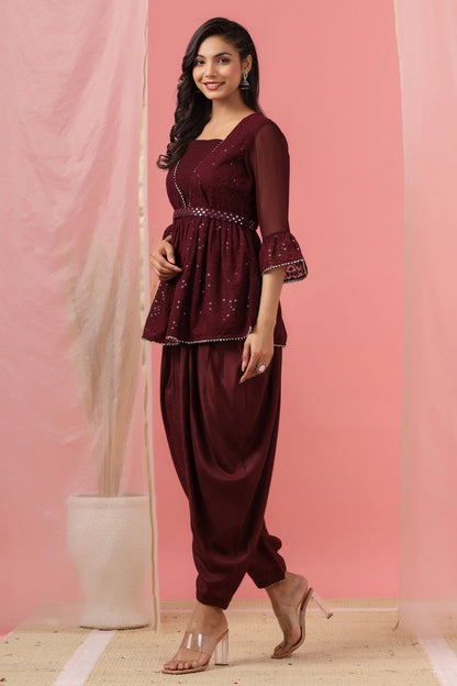 Women`s Burgundy Georgette Embroidered Flared Clothing Set
