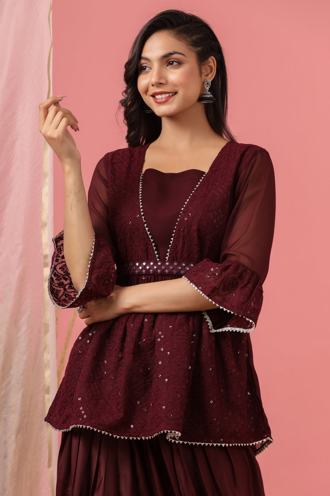 Women`s Burgundy Georgette Embroidered Flared Clothing Set