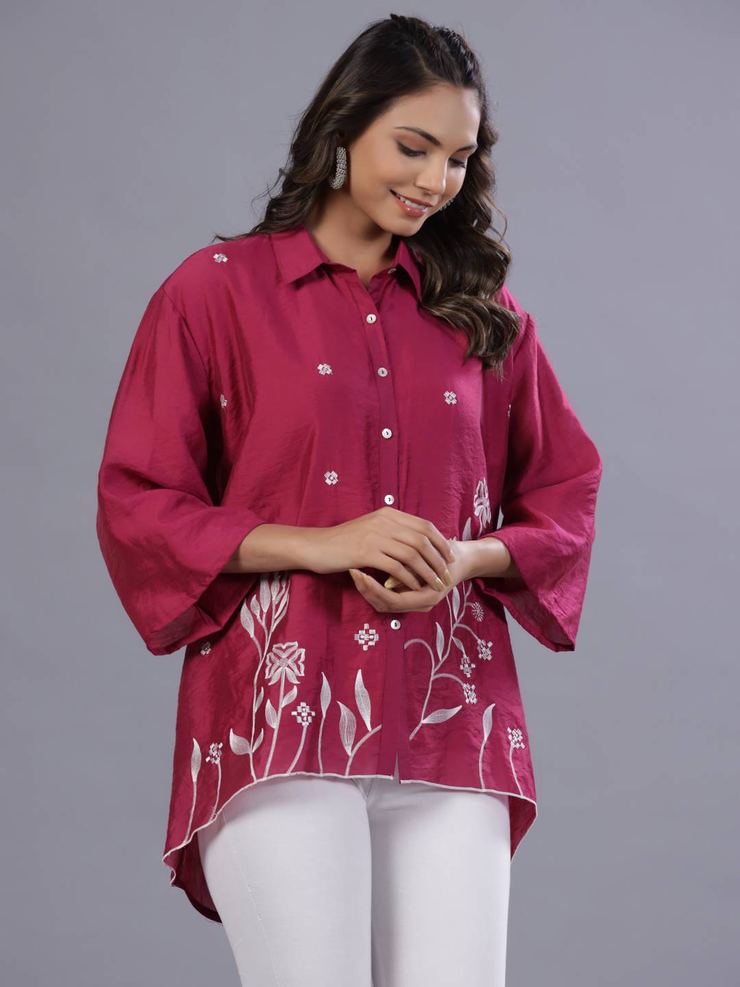 Fuchsia Chanderi Embroidered Clothing Set