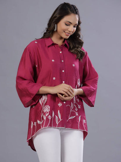 Fuchsia Chanderi Embroidered Clothing Set