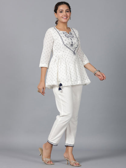 Off-White Cotton Dobby Embroidered Clothing Set