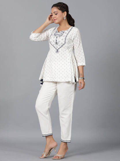 Off-White Cotton Dobby Embroidered Clothing Set
