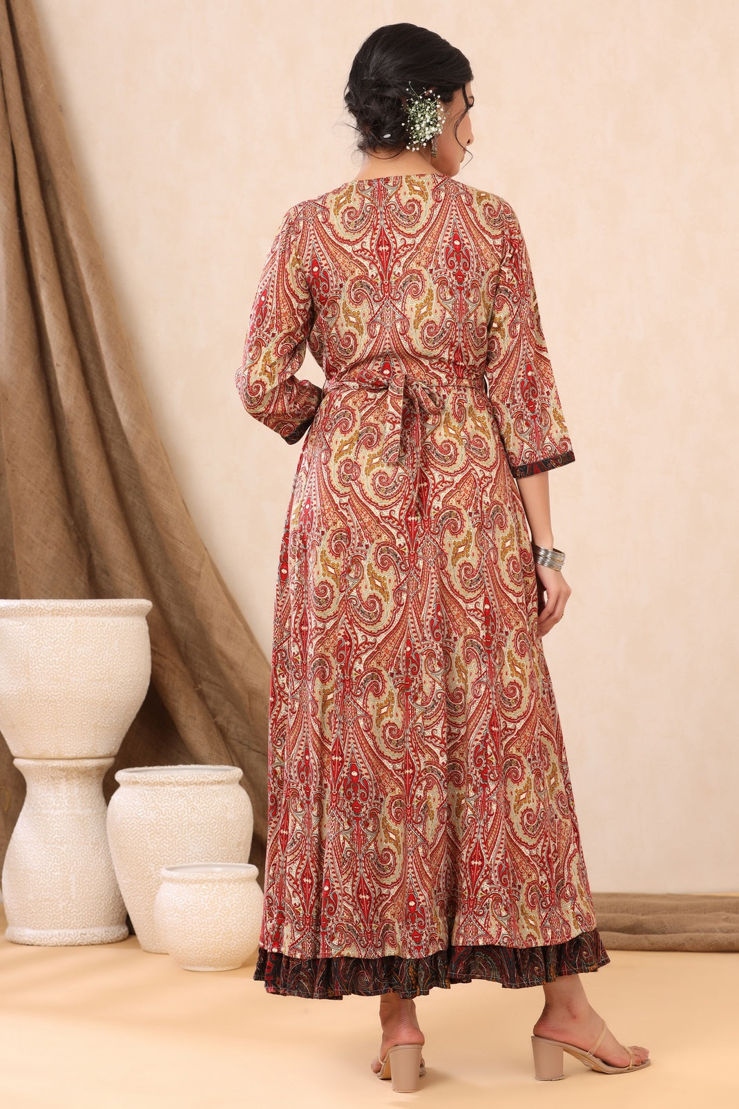Beige Rayon Printed Flared Dress with Belt