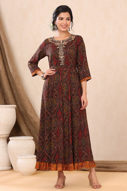 Black Rayon Printed Flared Dress with Belt