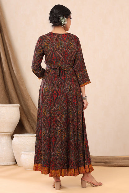 Black Rayon Printed Flared Dress with Belt