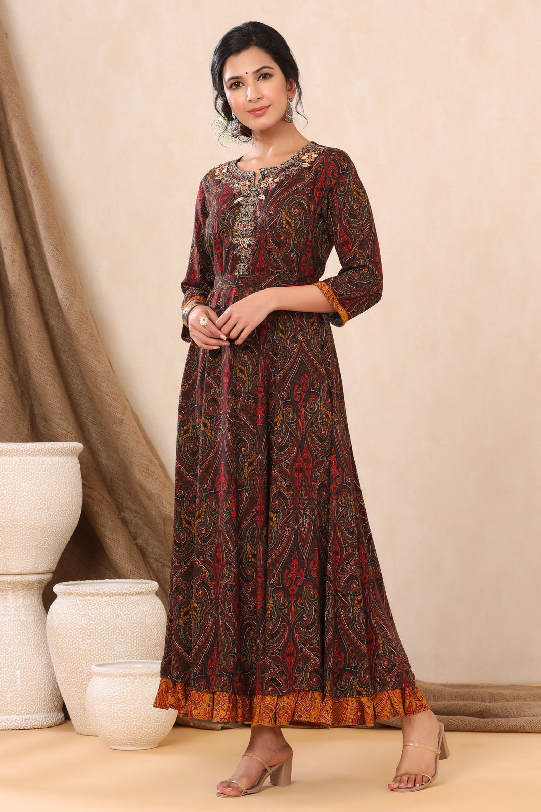 Black Rayon Printed Flared Dress with Belt