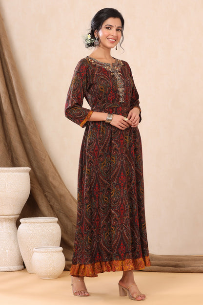 Black Rayon Printed Flared Dress with Belt