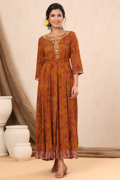 Mustard Rayon Printed Flared Dress with Belt