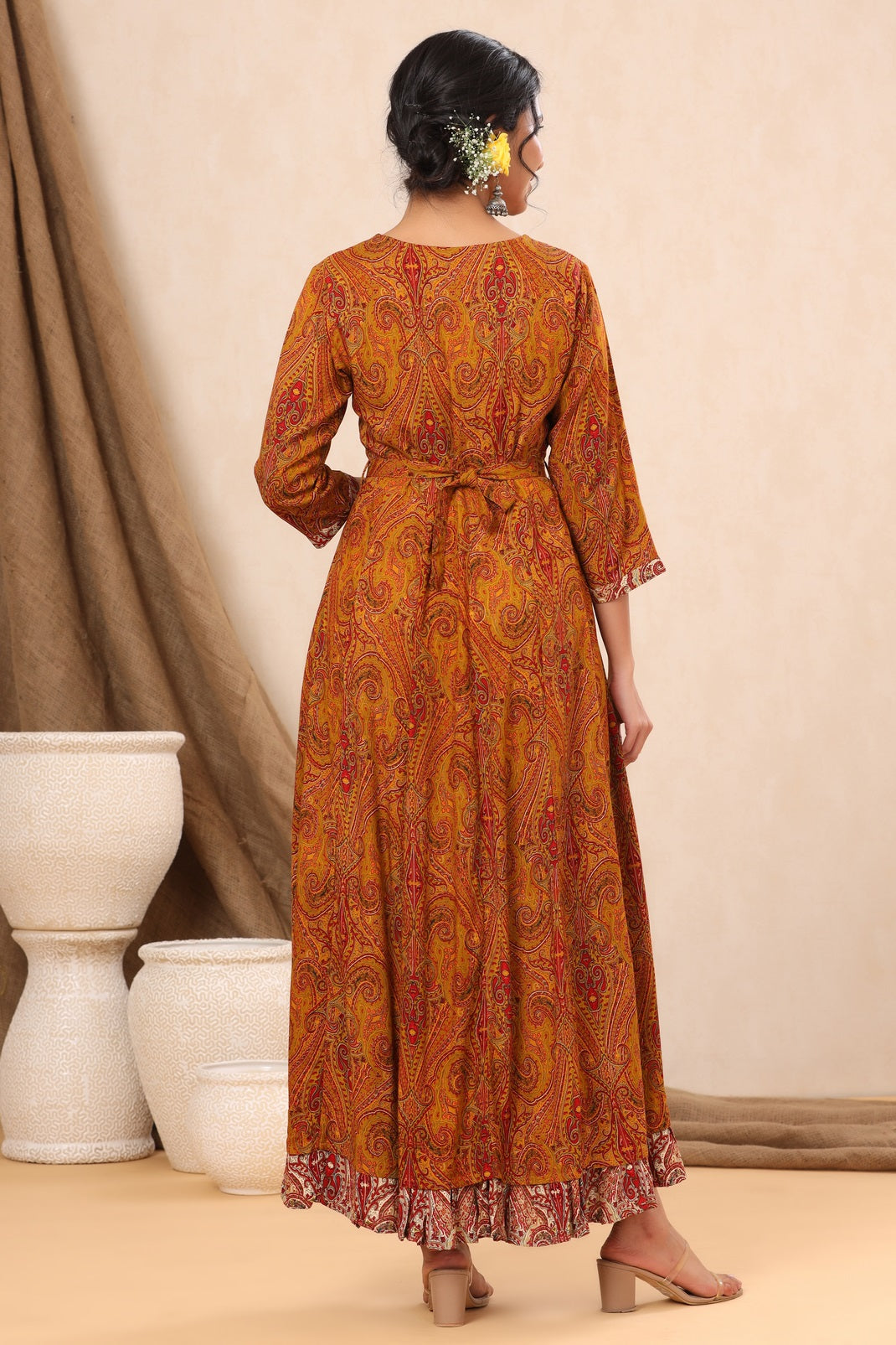 Mustard Rayon Printed Flared Dress with Belt