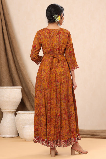 Mustard Rayon Printed Flared Dress with Belt