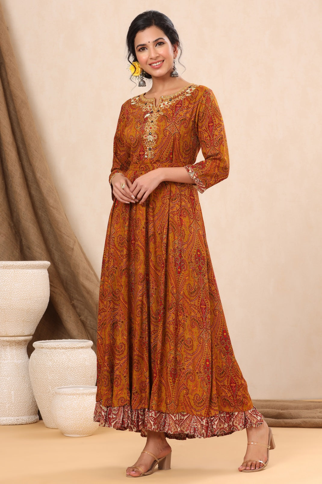 Mustard Rayon Printed Flared Dress with Belt