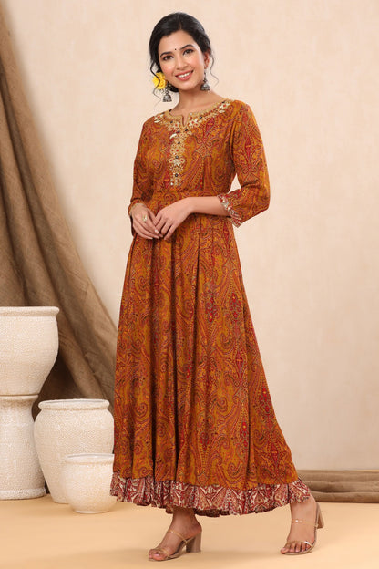 Mustard Rayon Printed Flared Dress with Belt