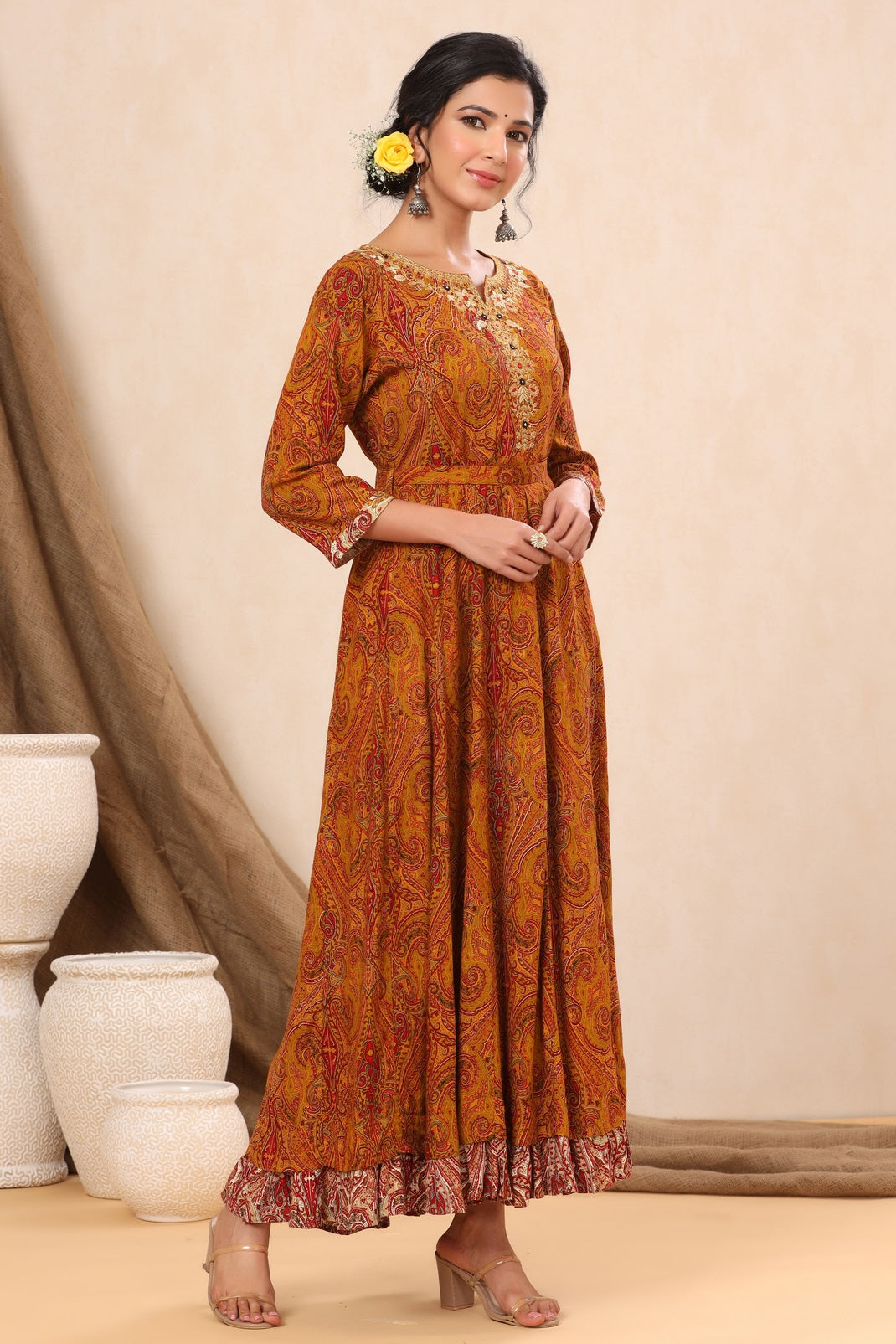 Mustard Rayon Printed Flared Dress with Belt