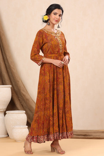Mustard Rayon Printed Flared Dress with Belt