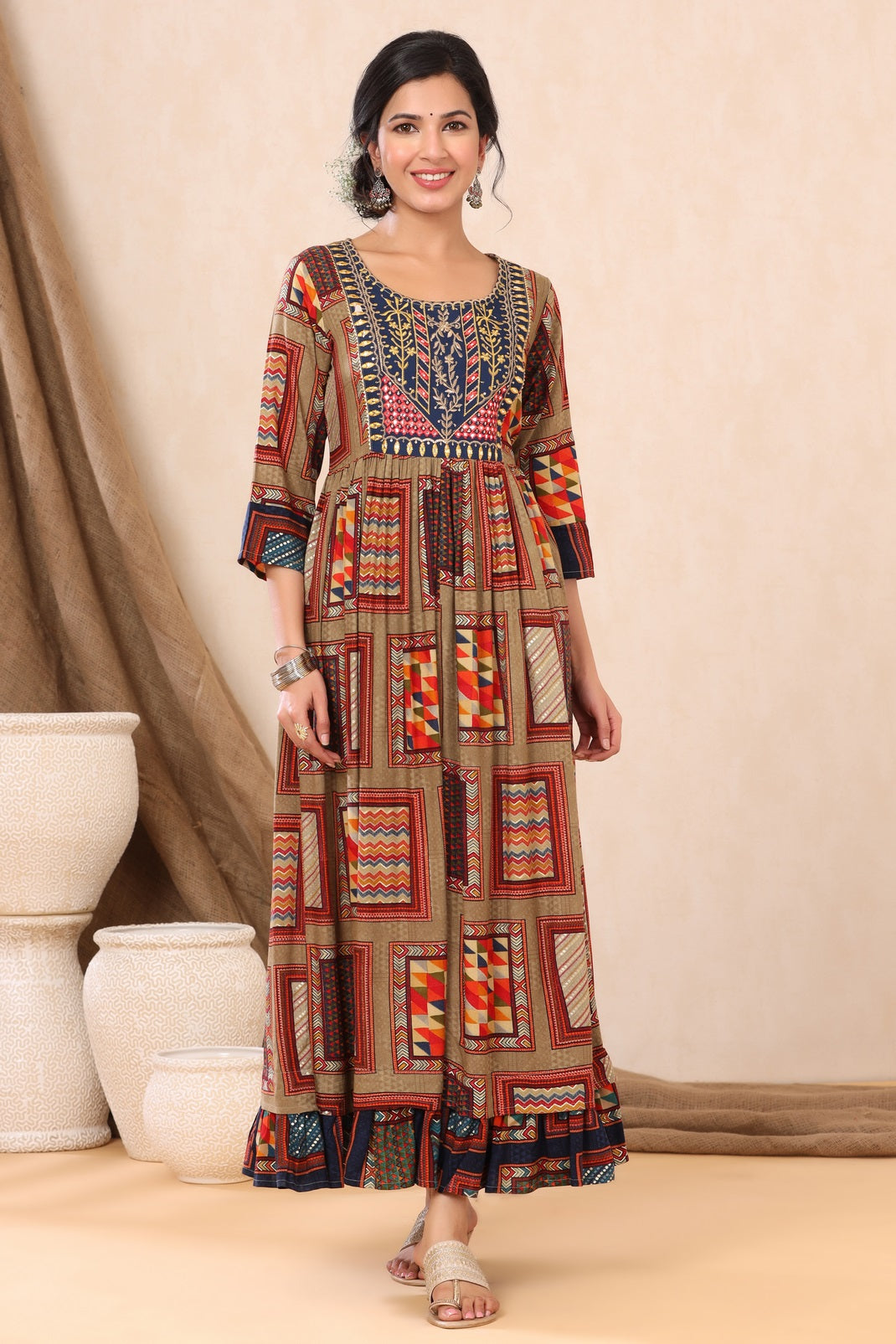 Beige Rayon Printed Flared Dress