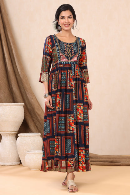 Navy Rayon Printed Flared Dress