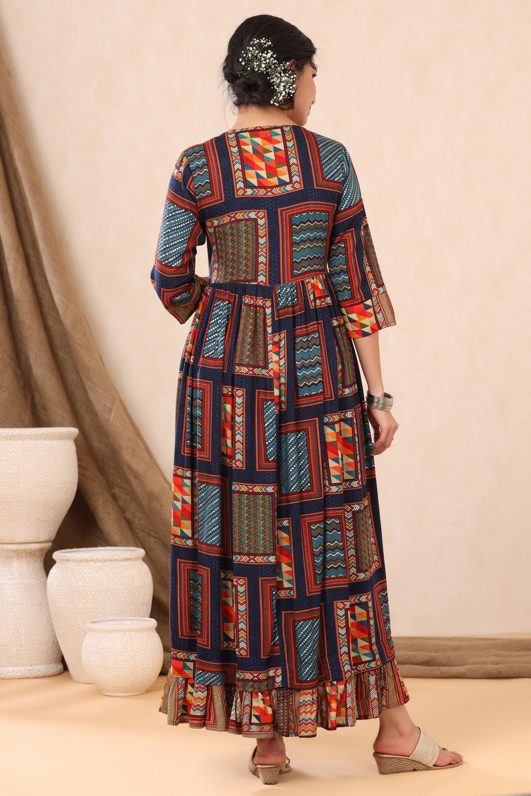 Navy Rayon Printed Flared Dress