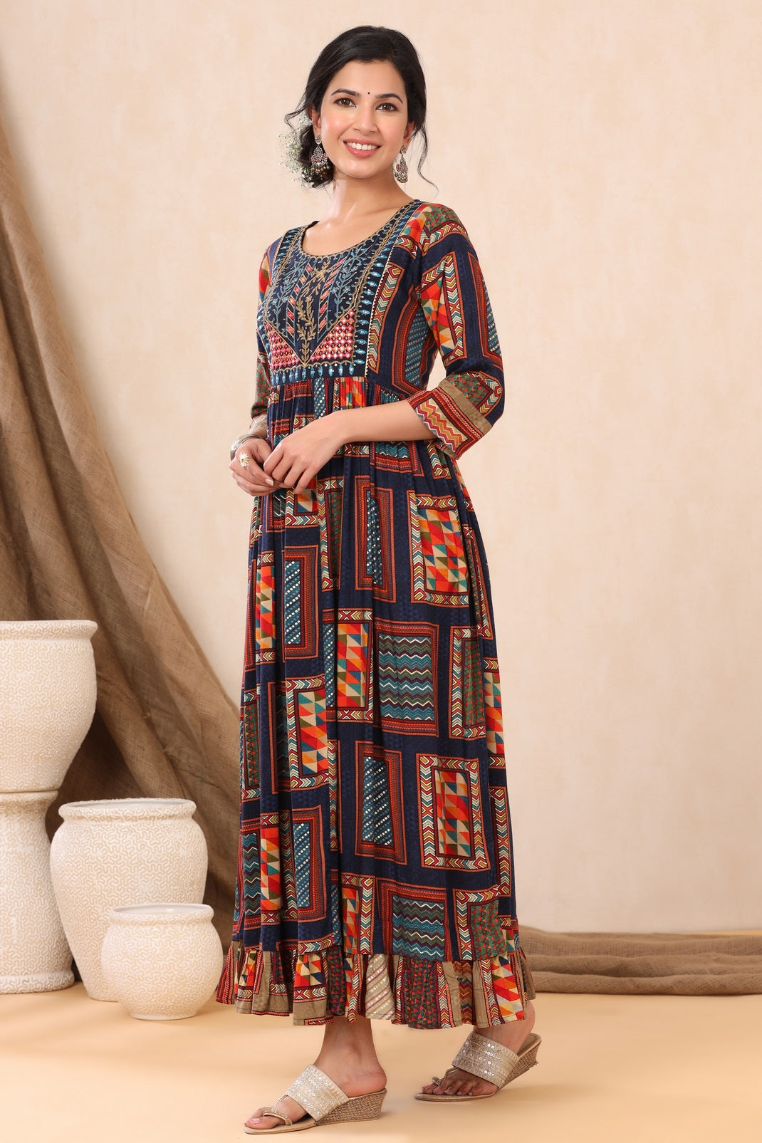 Navy Rayon Printed Flared Dress