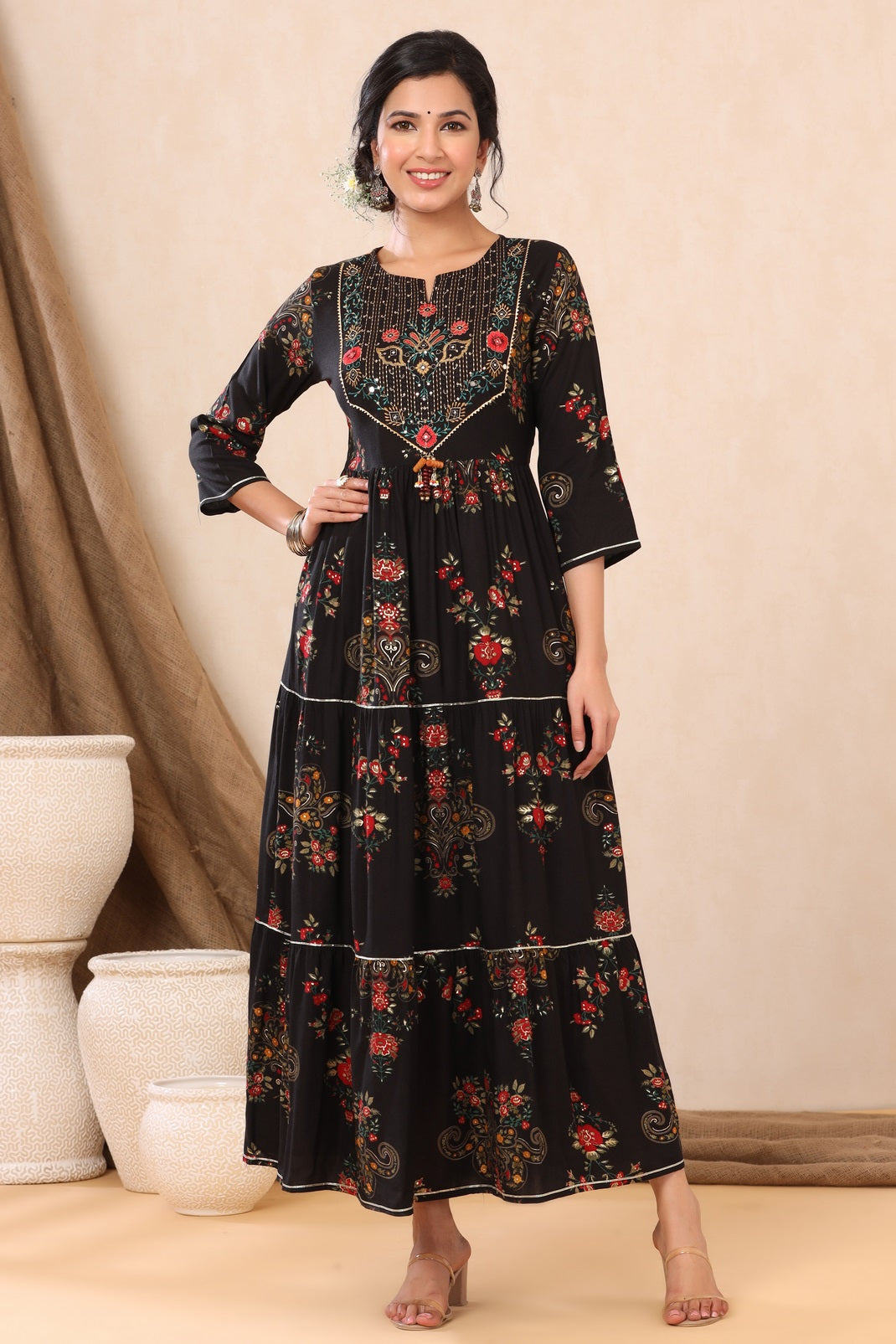 Black Rayon Printed Flared Dress