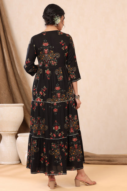 Black Rayon Printed Flared Dress