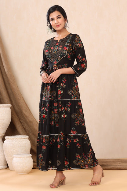 Black Rayon Printed Flared Dress