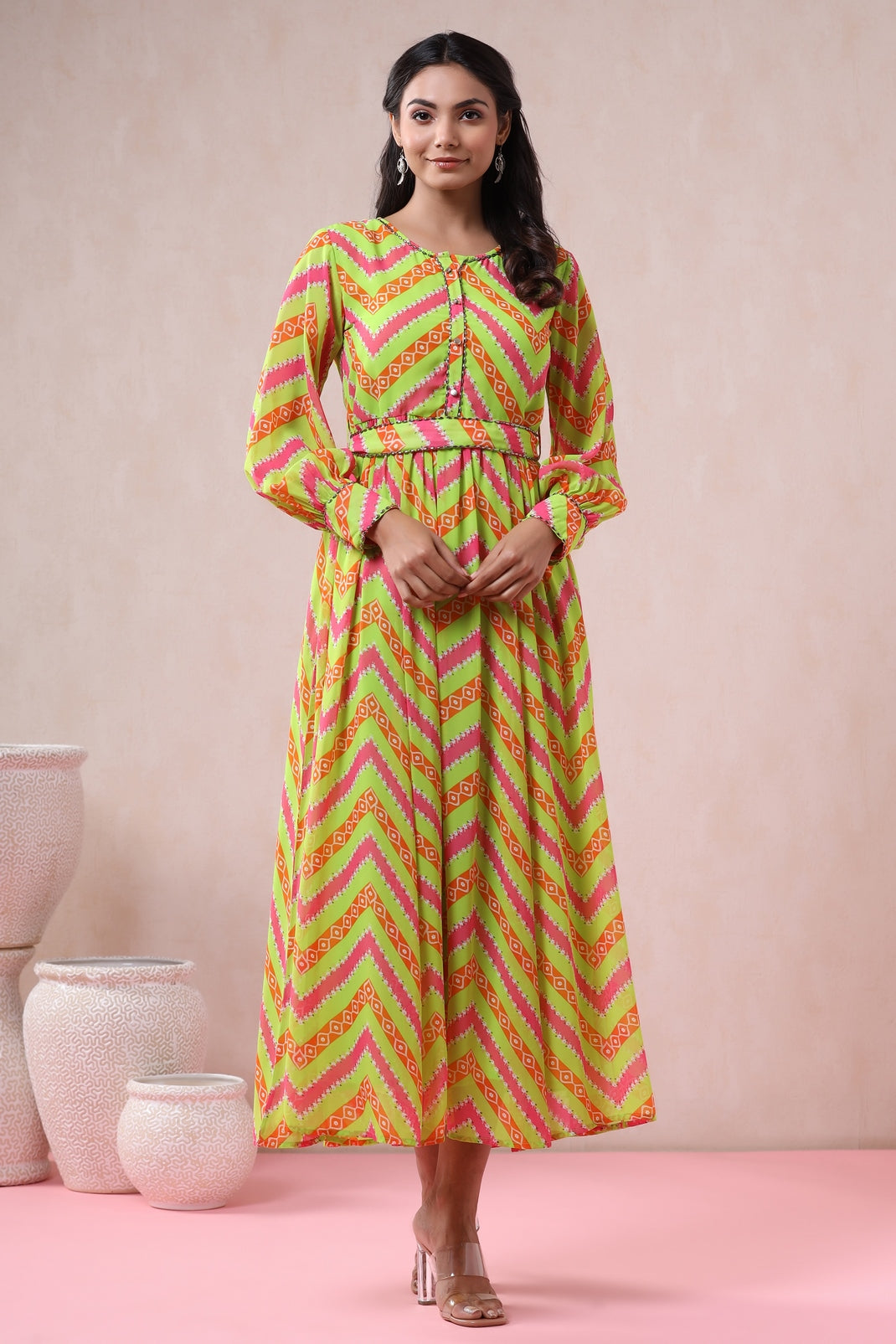 Women`s Greenmulti Georgette Printed Flared Dress