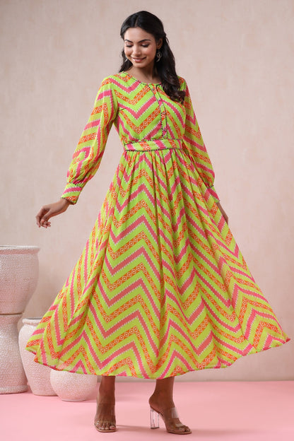 Women`s Greenmulti Georgette Printed Flared Dress