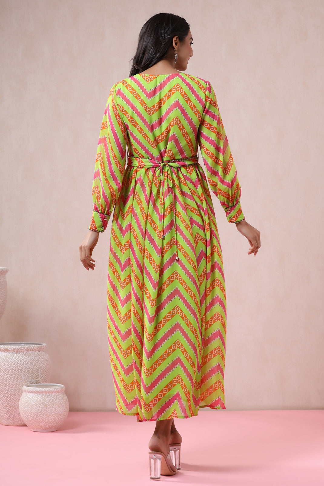 Women`s Greenmulti Georgette Printed Flared Dress