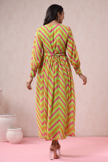 Women`s Greenmulti Georgette Printed Flared Dress