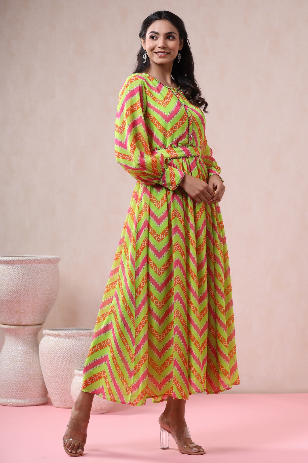 Women`s Greenmulti Georgette Printed Flared Dress