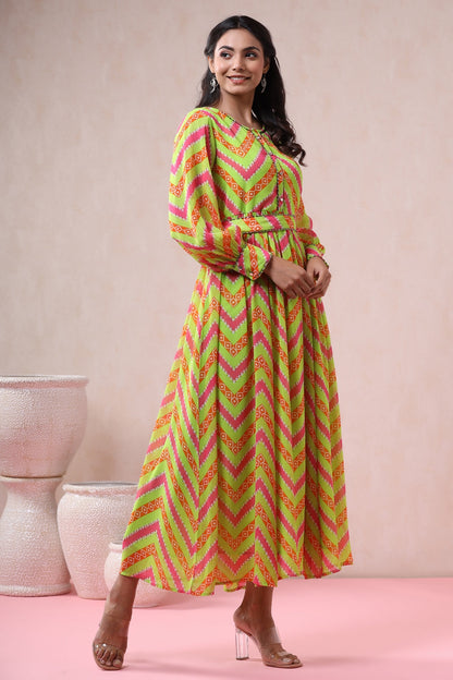 Women`s Greenmulti Georgette Printed Flared Dress