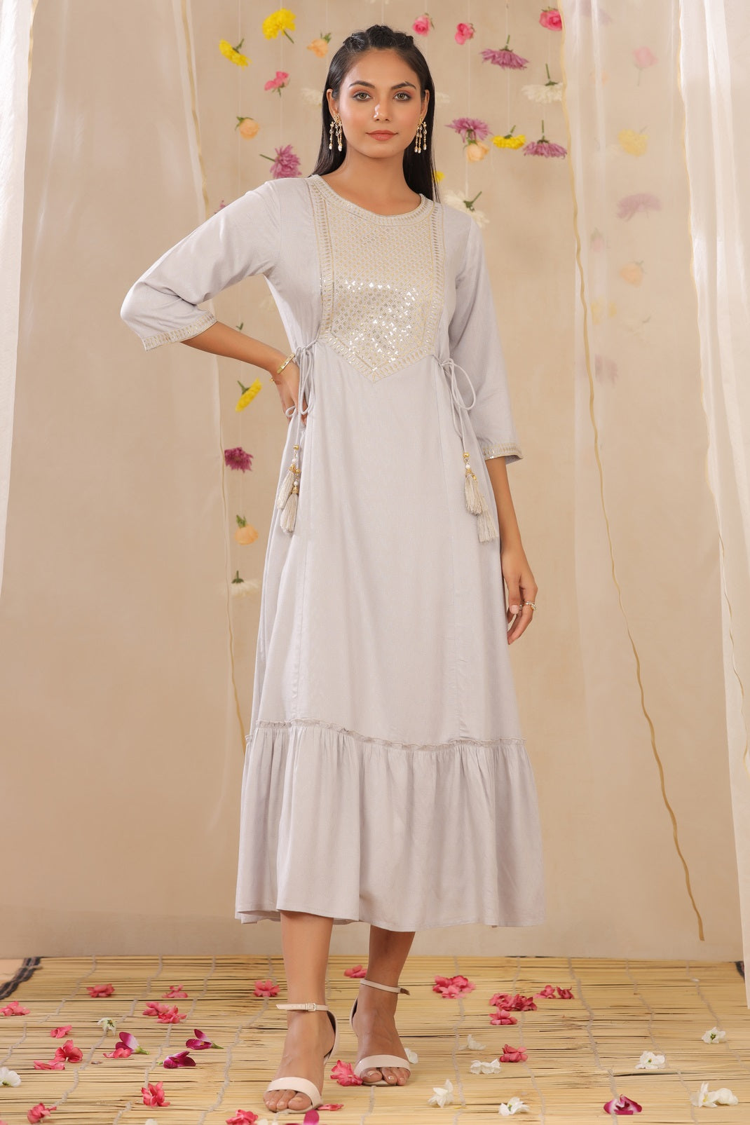 Grey Rayon Dobby Embroidered Tiered Dress