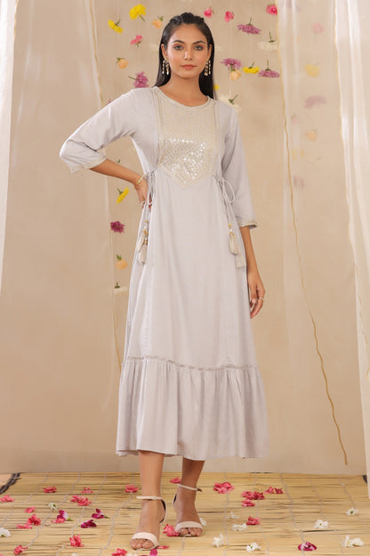 Grey Rayon Dobby Embroidered Tiered Dress