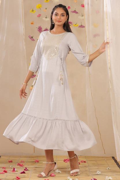 Grey Rayon Dobby Embroidered Tiered Dress