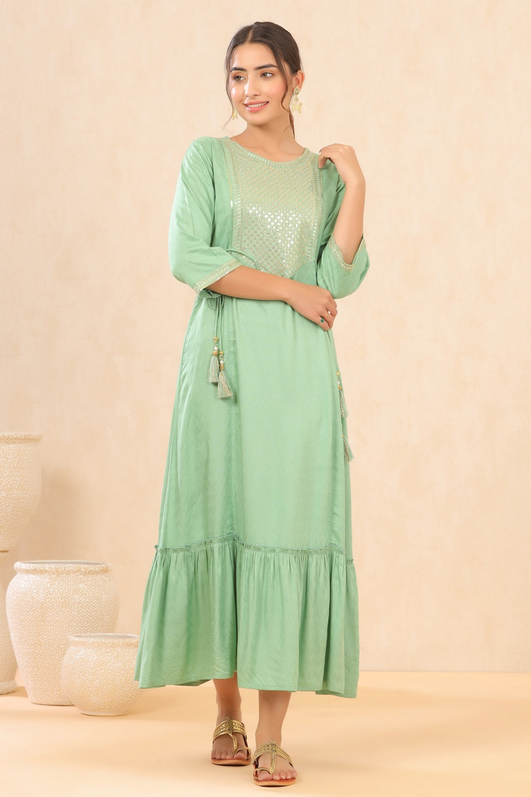 Pistagreen Rayon Dobby Embroidered Tiered Dress