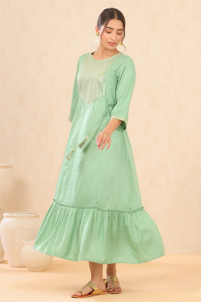 Pistagreen Rayon Dobby Embroidered Tiered Dress