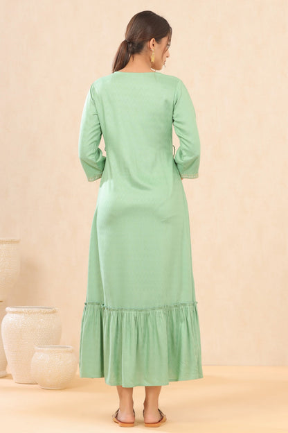 Pistagreen Rayon Dobby Embroidered Tiered Dress
