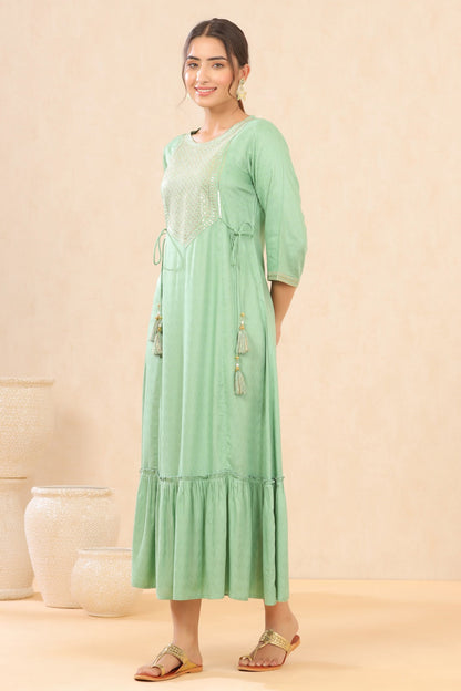 Pistagreen Rayon Dobby Embroidered Tiered Dress