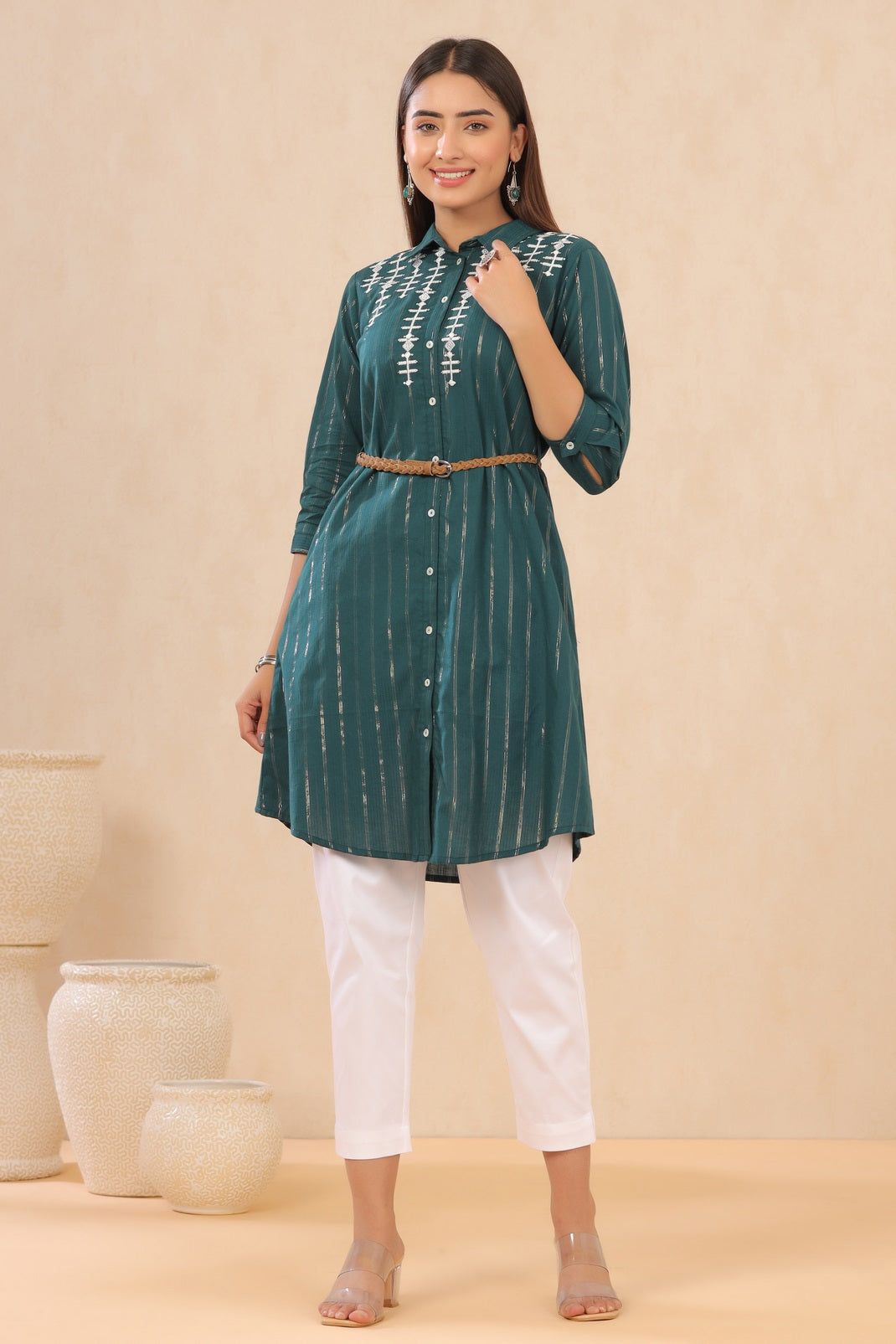 Teal Cotton Lurex Embroidered A-Line Dress with Belt
