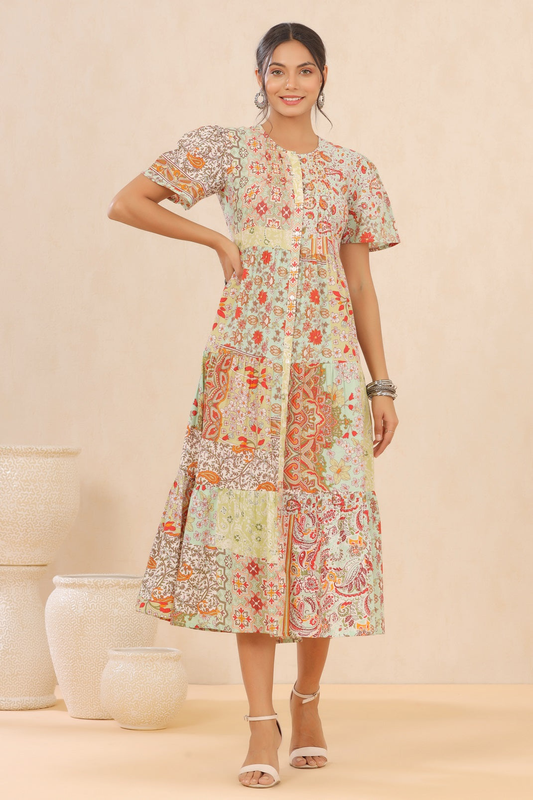 Pistagreen Cotton Twill Printed Tiered Dress