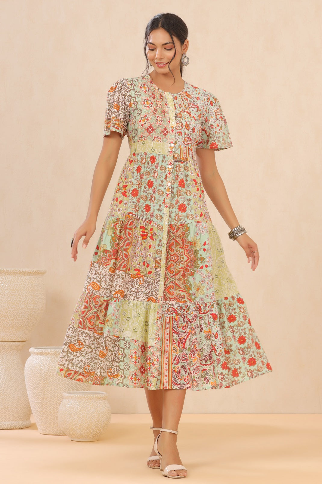 Pistagreen Cotton Twill Printed Tiered Dress