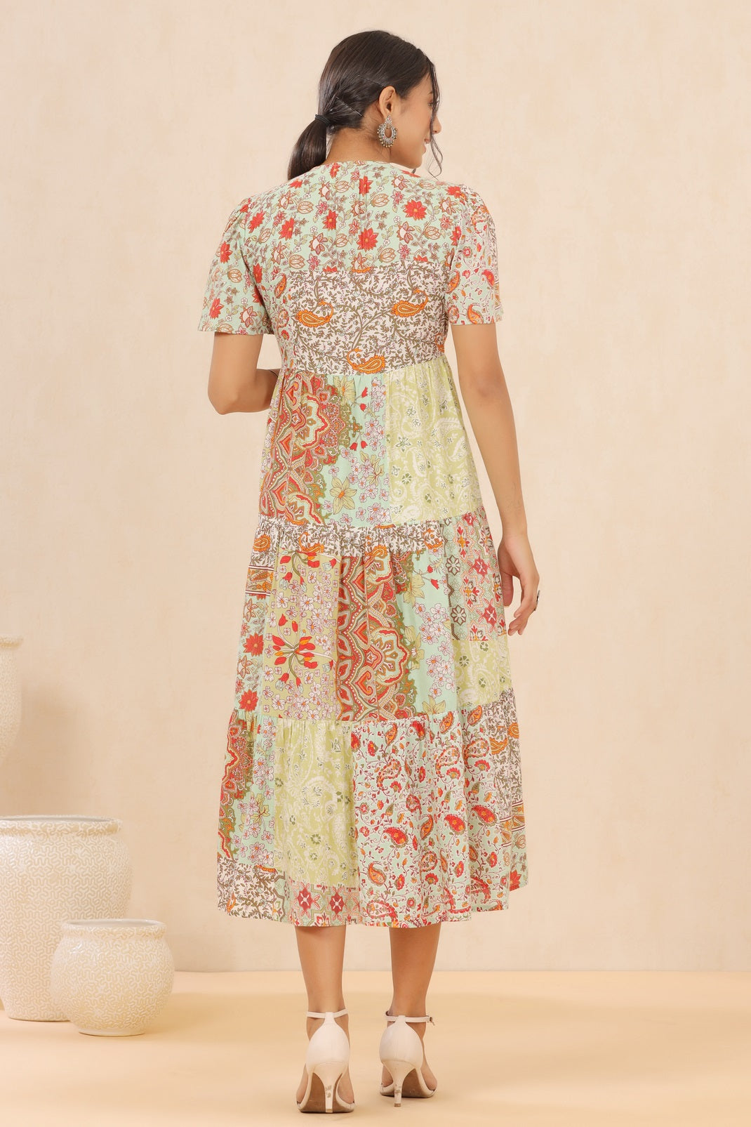 Pistagreen Cotton Twill Printed Tiered Dress