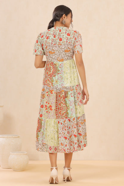 Pistagreen Cotton Twill Printed Tiered Dress