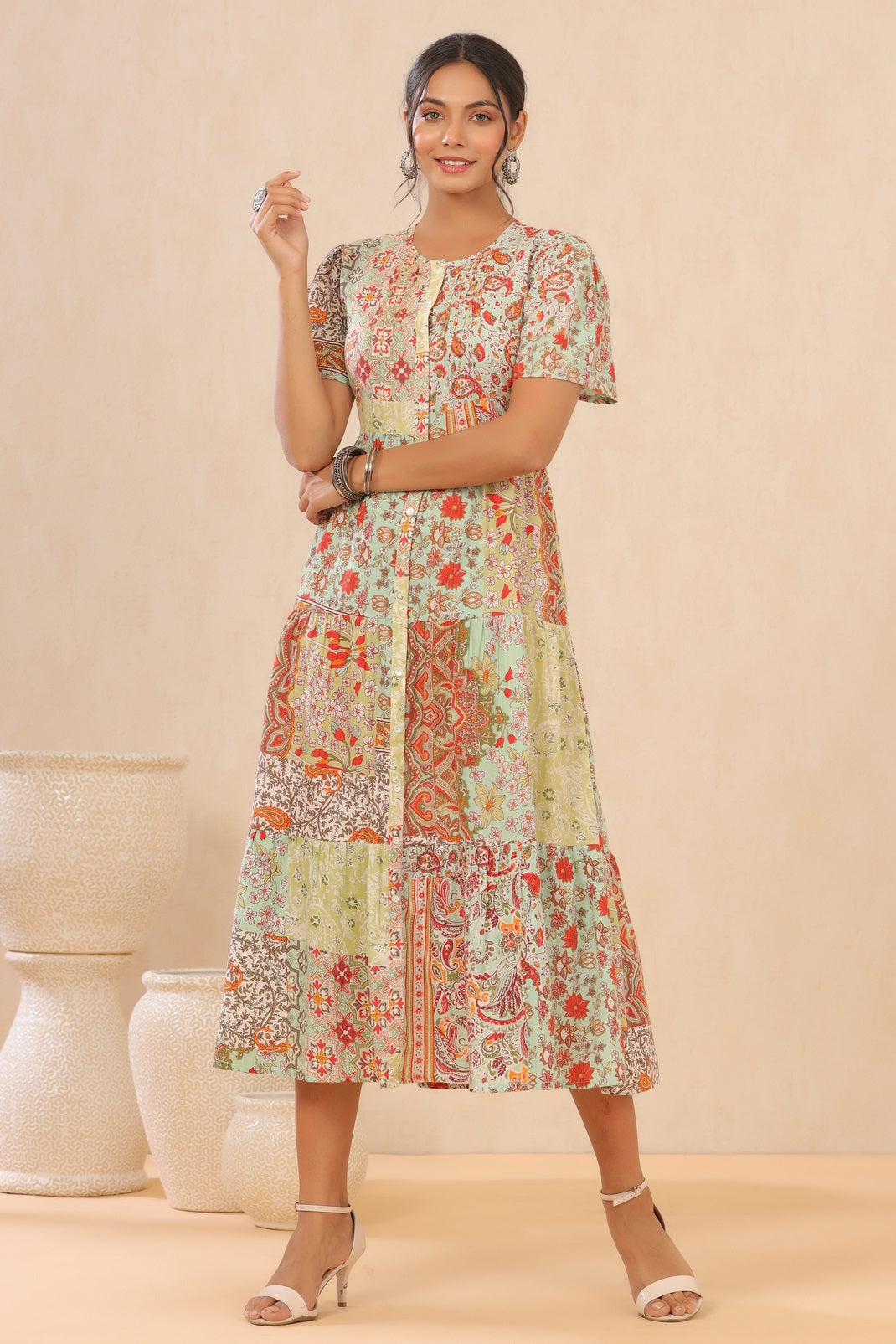 Pistagreen Cotton Twill Printed Tiered Dress