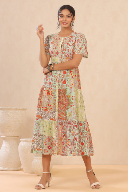 Pistagreen Cotton Twill Printed Tiered Dress